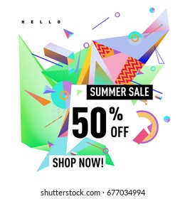 Summer sale geometric style web banner. Fashion and travel discount. Vector holiday Abstract colorful illustration with special offers and promotions.