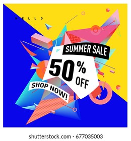 Summer sale geometric style web banner. Fashion and travel discount. Vector holiday Abstract colorful illustration with special offers and promotions.