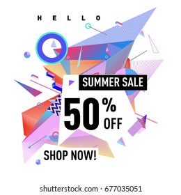 Summer sale geometric style web banner. Fashion and travel discount. Vector holiday Abstract colorful illustration with special offers and promotions.