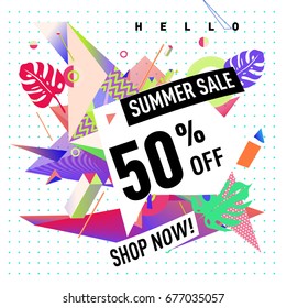 Summer sale geometric style web banner. Fashion and travel discount. Vector holiday Abstract colorful illustration with special offers and promotions.