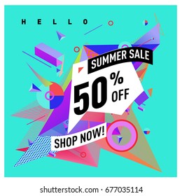 Summer sale geometric style web banner. Fashion and travel discount. Vector holiday Abstract colorful illustration with special offers and promotions.