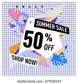 Summer sale geometric style web banner. Fashion and travel discount. Vector holiday Abstract colorful illustration with special offers and promotions.