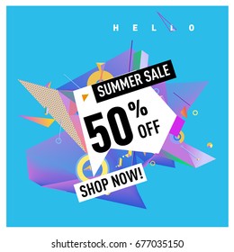 Summer sale geometric style web banner. Fashion and travel discount. Vector holiday Abstract colorful illustration with special offers and promotions.