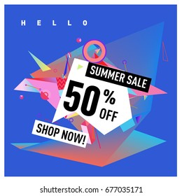 Summer sale geometric style web banner. Fashion and travel discount. Vector holiday Abstract colorful illustration with special offers and promotions.