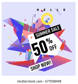 Summer sale geometric style web banner. Fashion and travel discount. Vector holiday Abstract colorful illustration with special offers and promotions.