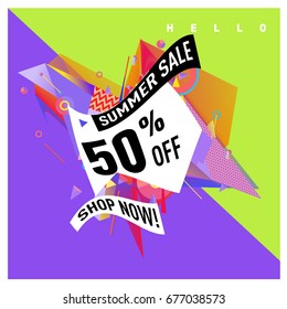 Summer sale geometric style web banner. Fashion and travel discount. Vector holiday Abstract colorful illustration with special offers and promotions.