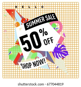 Summer sale geometric style web banner. Fashion and travel discount. Vector holiday Abstract colorful illustration with special offers and promotions.