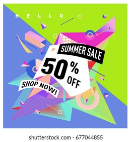 Summer sale geometric style web banner. Fashion and travel discount. Vector holiday Abstract colorful illustration with special offers and promotions.