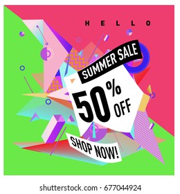 Summer sale geometric style web banner. Fashion and travel discount. Vector holiday Abstract colorful illustration with special offers and promotions.