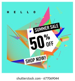 Summer sale geometric style web banner. Fashion and travel discount. Vector holiday Abstract colorful illustration with special offers and promotions.