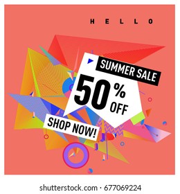 Summer sale geometric style web banner. Fashion and travel discount. Vector holiday Abstract colorful illustration with special offers and promotions.