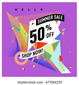 Summer sale geometric style web banner. Fashion and travel discount. Vector holiday Abstract colorful illustration with special offers and promotions.