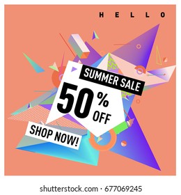 Summer sale geometric style web banner. Fashion and travel discount. Vector holiday Abstract colorful illustration with special offers and promotions.