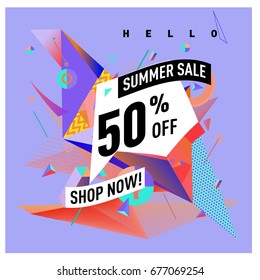 Summer sale geometric style web banner. Fashion and travel discount. Vector holiday Abstract colorful illustration with special offers and promotions.