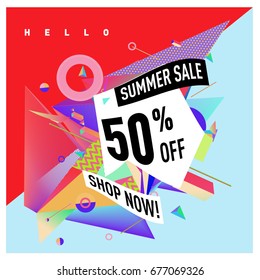 Summer sale geometric style web banner. Fashion and travel discount. Vector holiday Abstract colorful illustration with special offers and promotions.