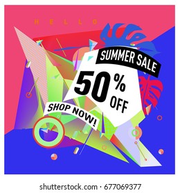 Summer sale geometric style web banner. Fashion and travel discount. Vector holiday Abstract colorful illustration with special offers and promotions.