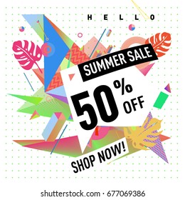Summer sale geometric style web banner. Fashion and travel discount. Vector holiday Abstract colorful illustration with special offers and promotions.