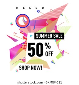 Summer sale geometric style web banner. Fashion and travel discount. Vector holiday Abstract colorful illustration with special offers and promotions.