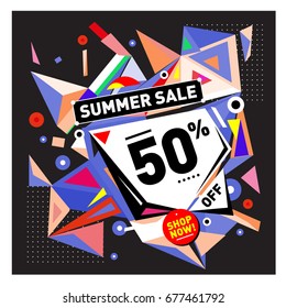 Summer sale geometric style web banner. Fashion and travel discount. Vector holiday Abstract colorful illustration with special offers and promotions.