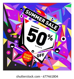 Summer sale geometric style web banner. Fashion and travel discount. Vector holiday Abstract colorful illustration with special offers and promotions.