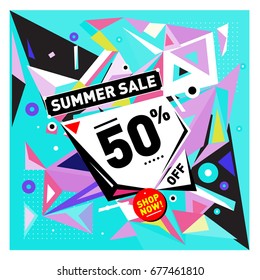 Summer sale geometric style web banner. Fashion and travel discount. Vector holiday Abstract colorful illustration with special offers and promotions.