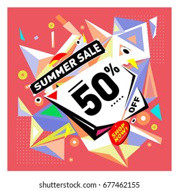 Summer sale geometric style web banner. Fashion and travel discount. Vector holiday Abstract colorful illustration with special offers and promotions.