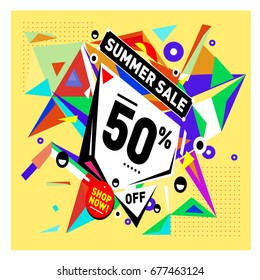 Summer sale geometric style web banner. Fashion and travel discount. Vector holiday Abstract colorful illustration with special offers and promotions.