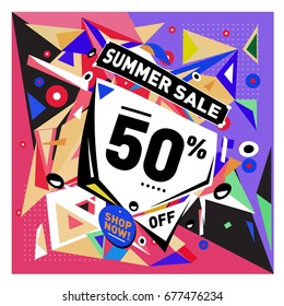 Summer sale geometric style web banner. Fashion and travel discount. Vector holiday Abstract colorful illustration with special offers and promotions.