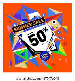 Summer sale geometric style web banner. Fashion and travel discount. Vector holiday Abstract colorful illustration with special offers and promotions.