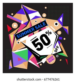 Summer sale geometric style web banner. Fashion and travel discount. Vector holiday Abstract colorful illustration with special offers and promotions.