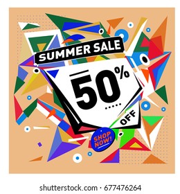 Summer sale geometric style web banner. Fashion and travel discount. Vector holiday Abstract colorful illustration with special offers and promotions.