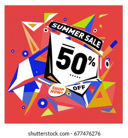 Summer sale geometric style web banner. Fashion and travel discount. Vector holiday Abstract colorful illustration with special offers and promotions.