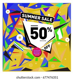 Summer sale geometric style web banner. Fashion and travel discount. Vector holiday Abstract colorful illustration with special offers and promotions.