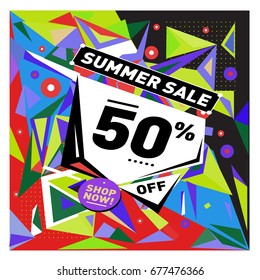 Summer sale geometric style web banner. Fashion and travel discount. Vector holiday Abstract colorful illustration with special offers and promotions.