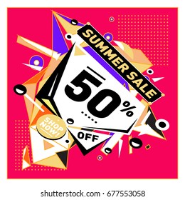 Summer sale geometric style web banner. Fashion and travel discount. Vector holiday Abstract colorful illustration with special offers and promotions.