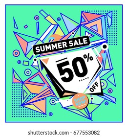 Summer sale geometric style web banner. Fashion and travel discount. Vector holiday Abstract colorful illustration with special offers and promotions.