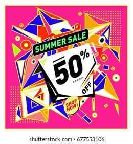 Summer sale geometric style web banner. Fashion and travel discount. Vector holiday Abstract colorful illustration with special offers and promotions.