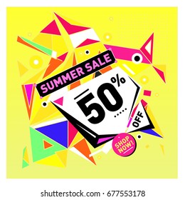 Summer sale geometric style web banner. Fashion and travel discount. Vector holiday Abstract colorful illustration with special offers and promotions.