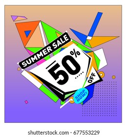 Summer sale geometric style web banner. Fashion and travel discount. Vector holiday Abstract colorful illustration with special offers and promotions.