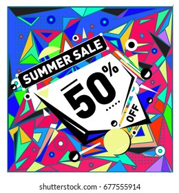 Summer sale geometric style web banner. Fashion and travel discount. Vector holiday Abstract colorful illustration with special offers and promotions.