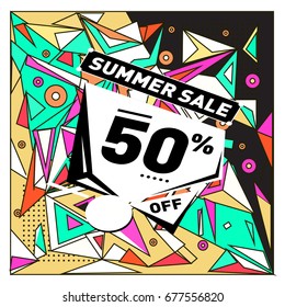 Summer sale geometric style web banner. Fashion and travel discount. Vector holiday Abstract colorful illustration with special offers and promotions.