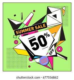 Summer sale geometric style web banner. Fashion and travel discount. Vector holiday Abstract colorful illustration with special offers and promotions.