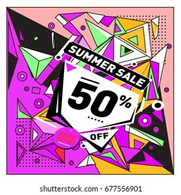 Summer sale geometric style web banner. Fashion and travel discount. Vector holiday Abstract colorful illustration with special offers and promotions.