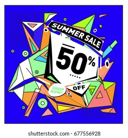 Summer sale geometric style web banner. Fashion and travel discount. Vector holiday Abstract colorful illustration with special offers and promotions.