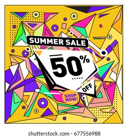 Summer sale geometric style web banner. Fashion and travel discount. Vector holiday Abstract colorful illustration with special offers and promotions.