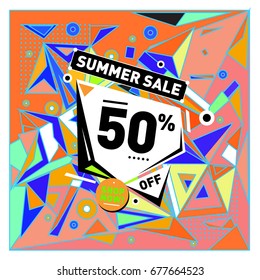 Summer sale geometric style web banner. Fashion and travel discount. Vector holiday Abstract colorful illustration with special offers and promotions.