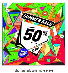 Summer sale geometric style web banner. Fashion and travel discount. Vector holiday Abstract colorful illustration with special offers and promotions.