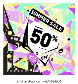 Summer sale geometric style web banner. Fashion and travel discount. Vector holiday Abstract colorful illustration with special offers and promotions.