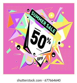 Summer sale geometric style web banner. Fashion and travel discount. Vector holiday Abstract colorful illustration with special offers and promotions.