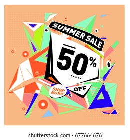 Summer sale geometric style web banner. Fashion and travel discount. Vector holiday Abstract colorful illustration with special offers and promotions.